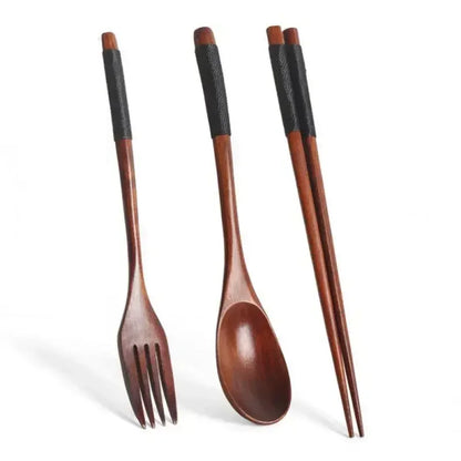 Set de Couverts en Bois 3 Pièces – Cuillère, Fourchette, Baguettes avec poignées noires élégantes