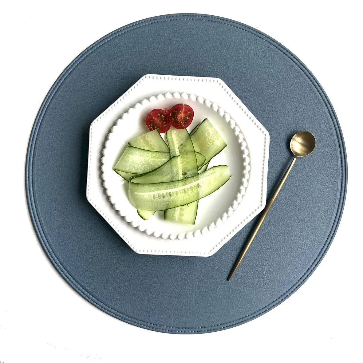 Sets de Table Antidérapants Double Face – Style Américain en simili cuir bleu avec assiette décorative