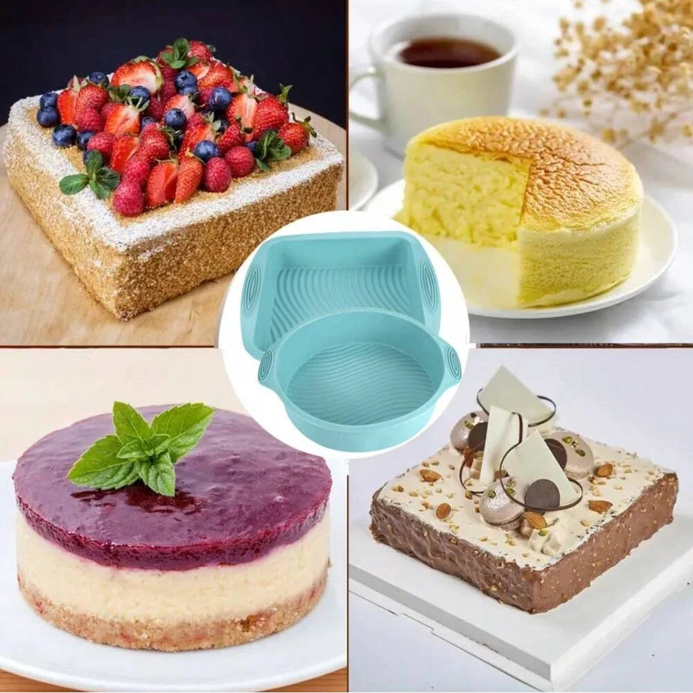 Moules Gâteaux Silicone Variés – Cuisson Facile avec moules bleus et quatre gâteaux différents décorés