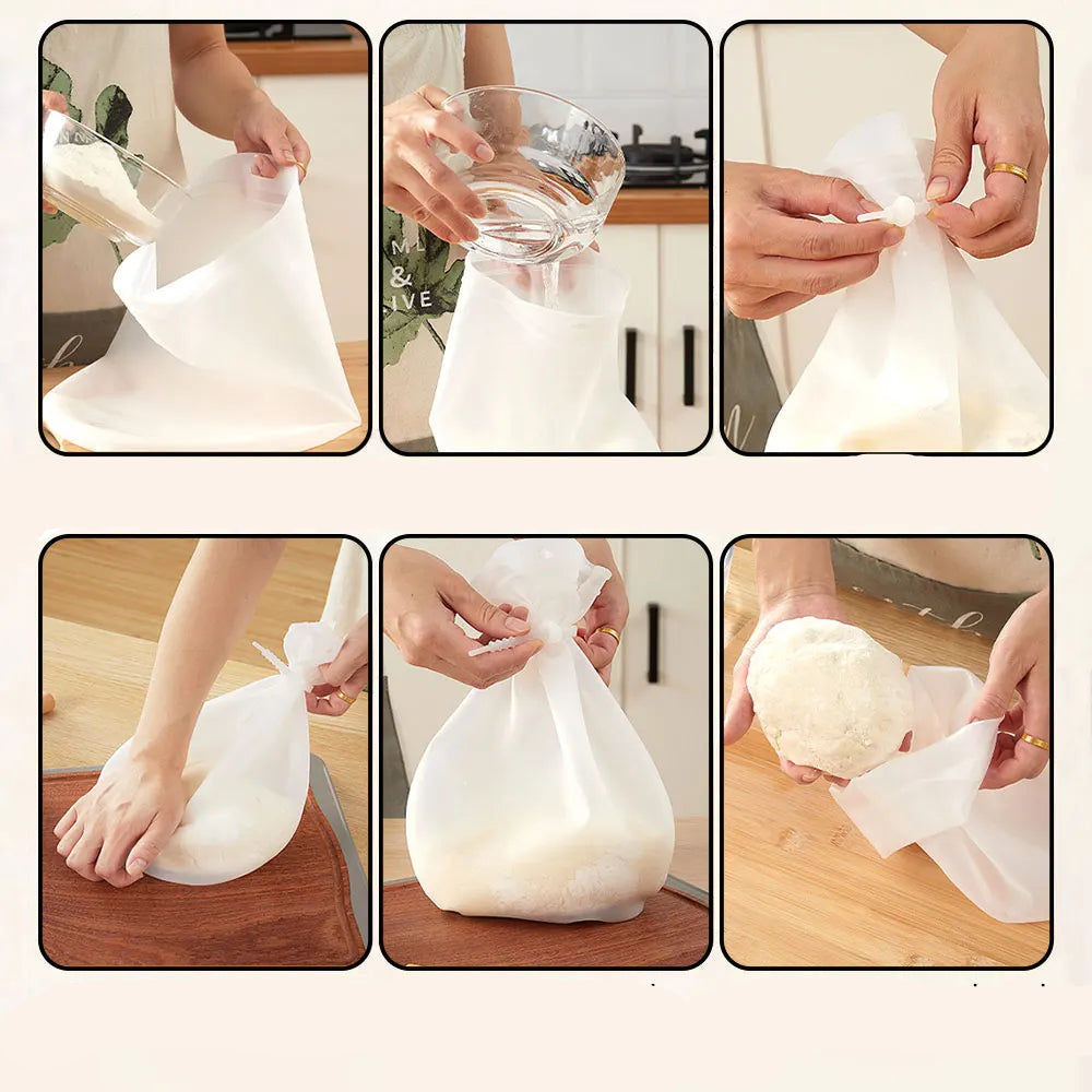 Sac Mélangeur Pâte Silicone – 1,5 kg Réutilisable montrant plusieurs étapes de préparation et de pétrissage de la pâte