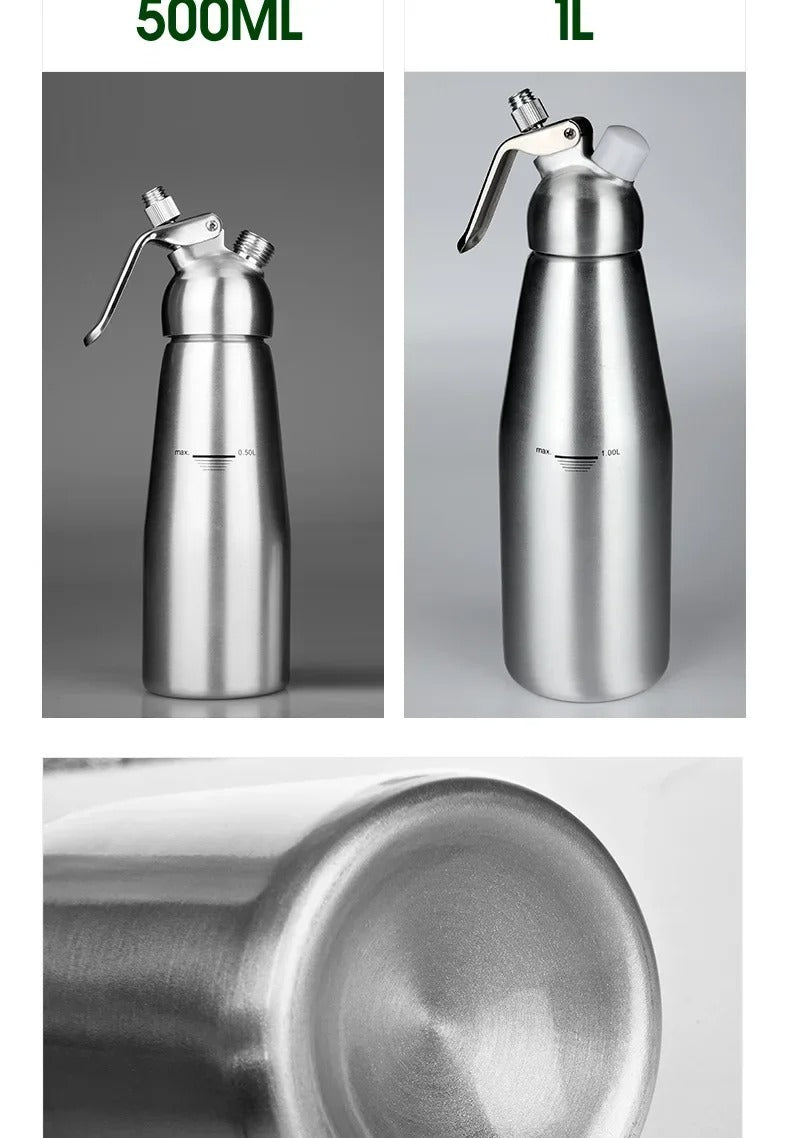 Siphon à Chantilly Professionnel Inox 500ml 1000ml avec finition en acier inoxydable pour la pâtisserie