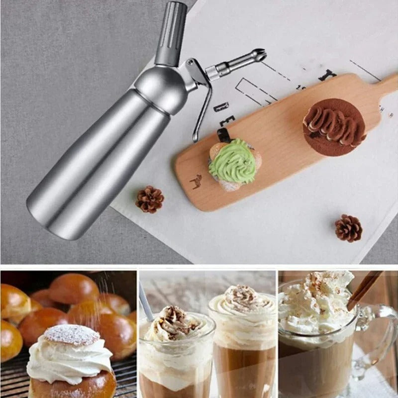 Siphon à Chantilly Professionnel Inox 500ml 1000ml avec crème fouettée sur pâtisseries et boissons
