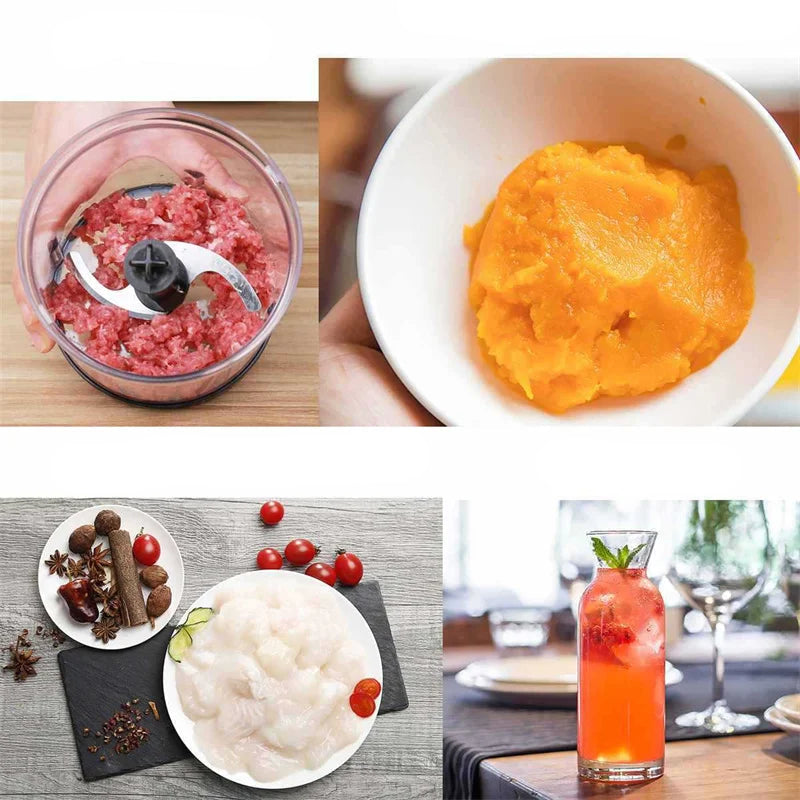 Images montrant viande hachée, purée orange, raviolis de crevettes et boisson avec Mixeur électrique 1000W en acier inoxydable .