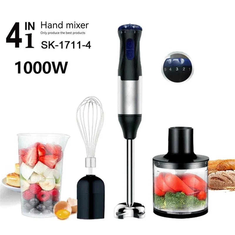 Mixeur électrique 1000W en acier inoxydable . Mixeur plongeant 4 en 1 avec fouet hachoir et gobelet doseur