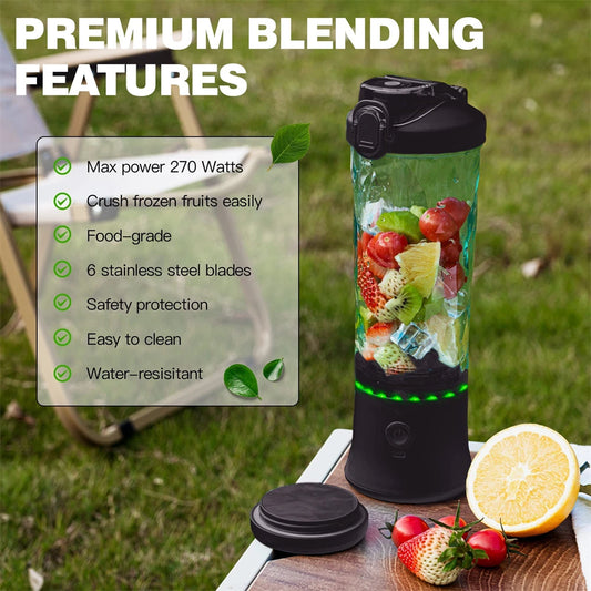Blender Portable, Rechargeable, LED, Graduations Ustensile de chef noir avec fruits coupés et anneau LED vert en extérieur