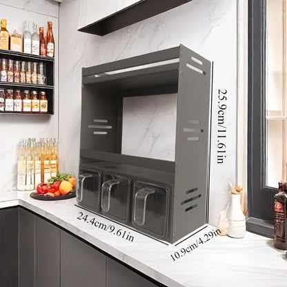 Étagère à épices murale alu – Rangement malin sans perçage. Ustensile de chef, 3 distributeurs transparents pour condiments