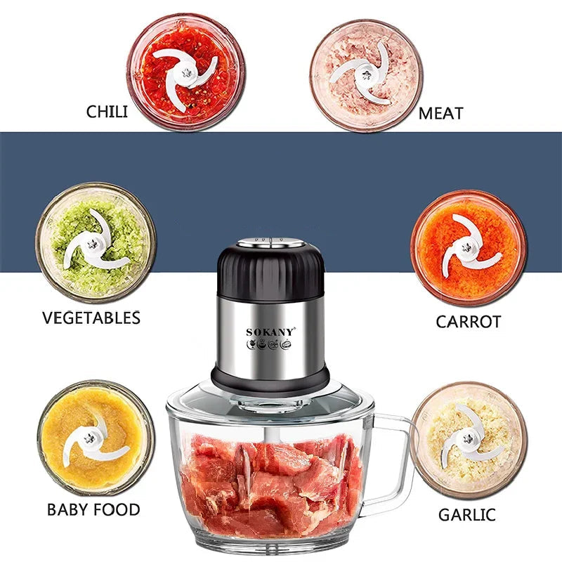 Hachoir Électrique Multifonction 2L – 800W avec diverses préparations comme viande, légumes et sauces