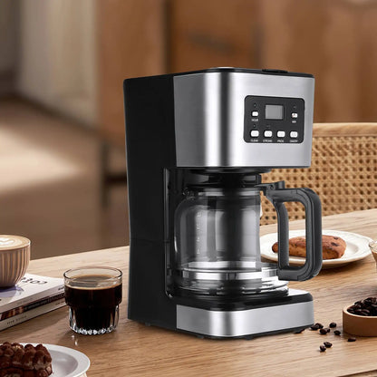 Machine Café Inox Programmable 12 Tasses – Timer 24h en acier inoxydable avec carafe en verre et panneau de commande numérique