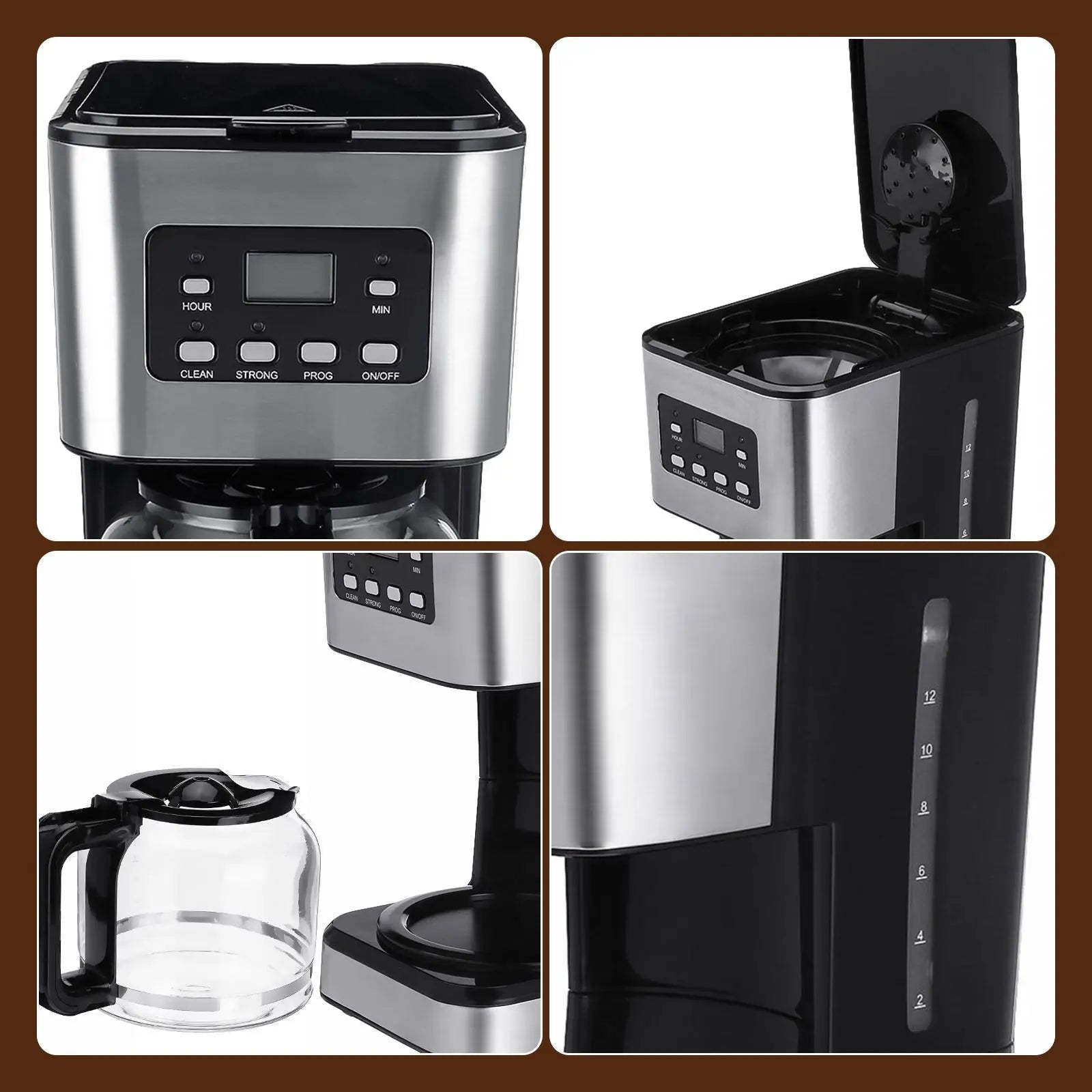 Machine Café Inox Programmable 12 Tasses – Timer 24h avec carafe en verre et panneau de contrôle numérique
