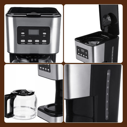 Machine Café Inox Programmable 12 Tasses – Timer 24h avec carafe en verre et panneau de contrôle numérique