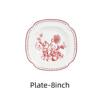 Bol et Assiette en Céramique SOLECASA design floral 8 pouces avec délicates décorations rouges