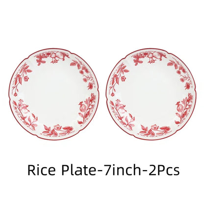 Bol et Assiette en Céramique SOLECASA, assiettes blanches décorées de motifs floraux rouges