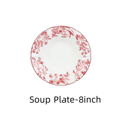Bol et Assiette en Céramique SOLECASA avec motif floral rouge sur le bord, idéal pour servir des soupes