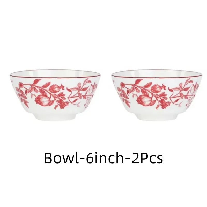 Bol et Assiette en Céramique SOLECASA avec motif floral rouge, ensemble de deux bols de 6 pouces
