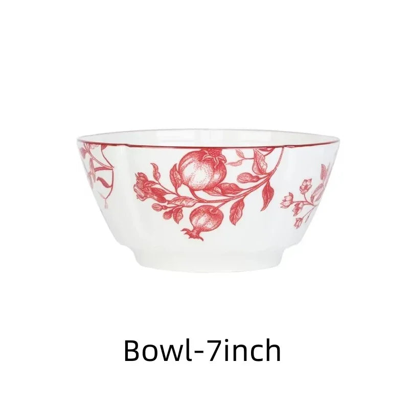 Bol et Assiette en Céramique SOLECASA avec motif floral en rouge, parfait pour servir des plats délicieux