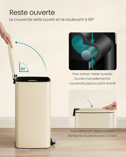 Poubelle de Cuisine 30 L à Pédale en Acier avec couvercle ouvert à 90 degrés pour un accès facile