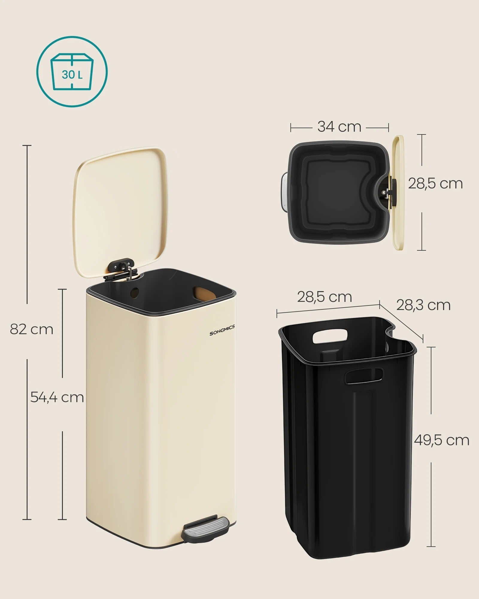 Poubelle de Cuisine 30 L à Pédale en Acier avec couvercle et compartiment intérieur amovible