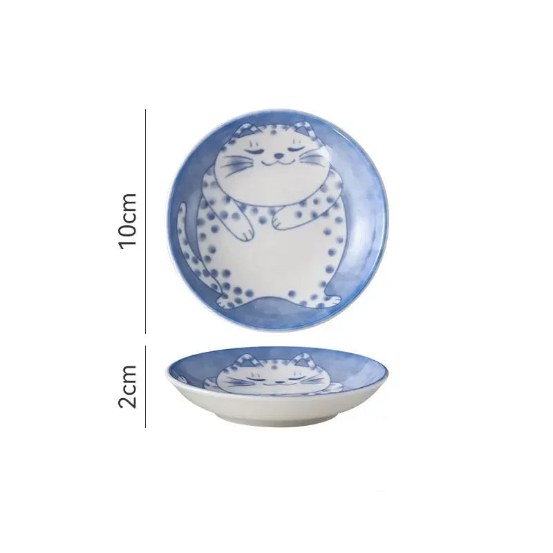 Soucoupes à Sauce en Porcelaine Motif Chat – Lot 4 Pièces avec design mignon de chat et couleur bleue