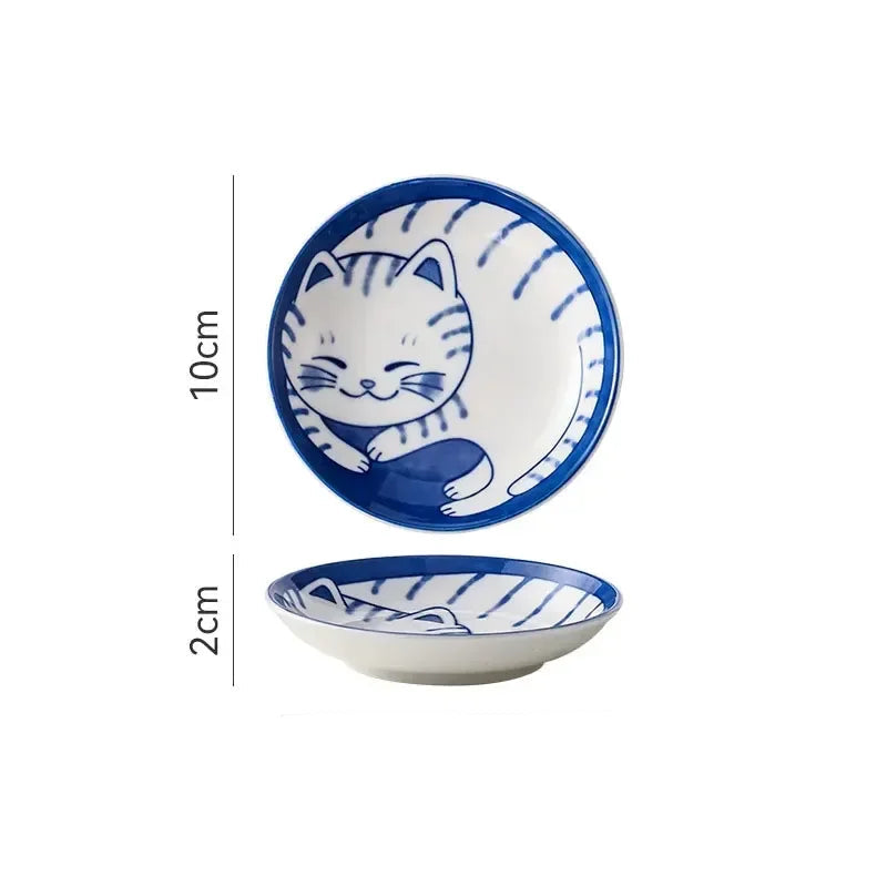 Soucoupes à Sauce en Porcelaine Motif Chat – Lot 4 Pièces avec design mignon de chat et fond bleu