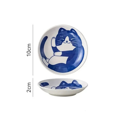 Soucoupes à Sauce en Porcelaine Motif Chat – Lot 4 Pièces avec un design adorable de chat bleu
