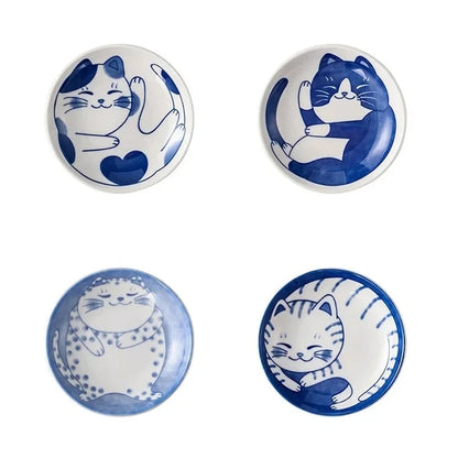 Soucoupes à Sauce en Porcelaine Motif Chat – Lot 4 Pièces avec dessins de chats colorés sur fond blanc