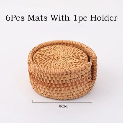 Set de 6 sous-verres en rotin 8 cm, antidérapants, avec un support pour un rangement pratique