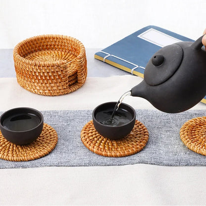Set de 6 sous-verres en rotin 8 cm, antidérapants, parfaits pour les tasses sur une table élégante