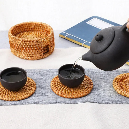 Set de 6 sous-verres en rotin 8 cm, antidérapants, parfaits pour les tasses sur une table élégante