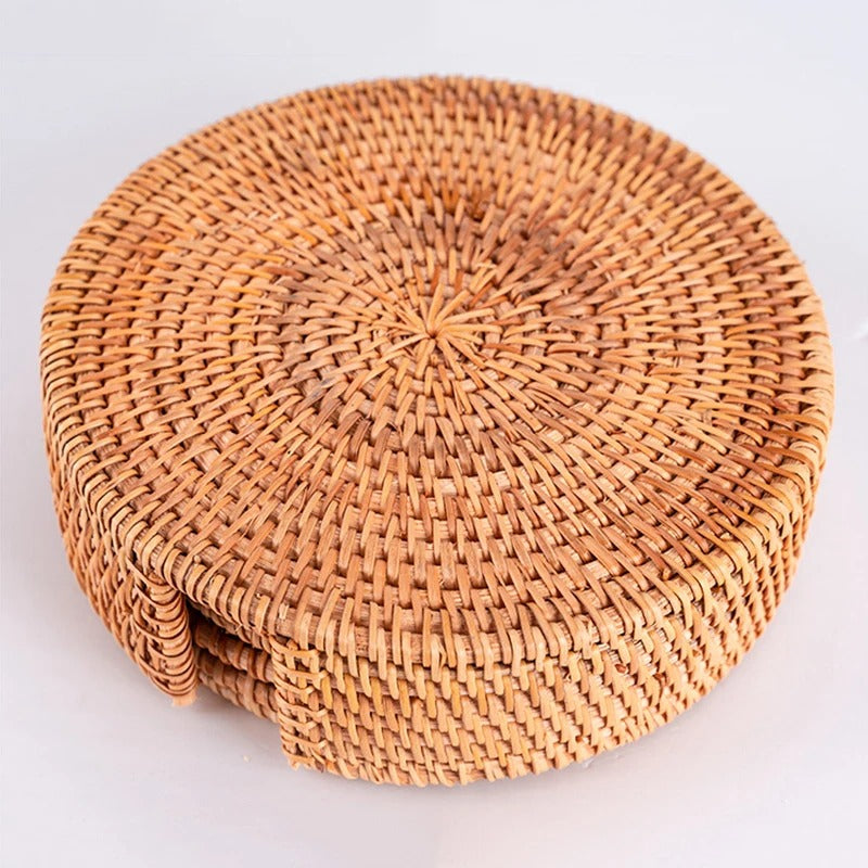 Sous-verres Rotin 8-10 cm avec Boîte Protège Table & Verres, en rotin tressé élégant et durable