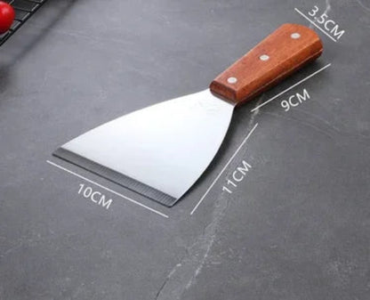 Spatule de Cuisine en Inox pour Plancha, Barbecue et Cuisson Précise avec Manche en Bois et Lame Large