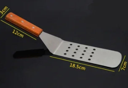 Spatule de Cuisine Inox avec manche en bois, dimensions 18,5 cm x 12 cm, idéale pour cuisiner