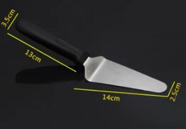 Spatule de Cuisine Inox avec manches noirs, dimensions de 14 cm par 2,5 cm pour une utilisation facile.