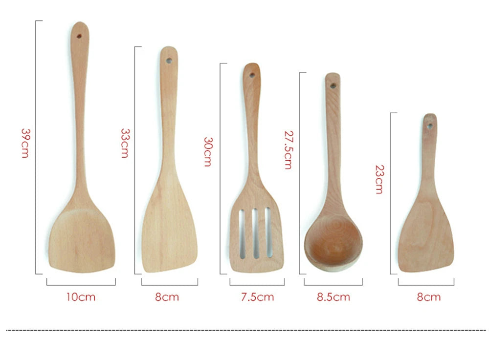 Spatule en Bois Naturel – Ustensile Sain Anti-rayures ensemble de 5 ustensiles de cuisine en bois de différentes tailles