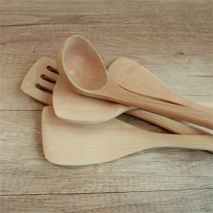 Spatule en Bois Naturel – Ustensile Sain Anti-rayures avec plusieurs ustensiles en bois clair pour cuisine