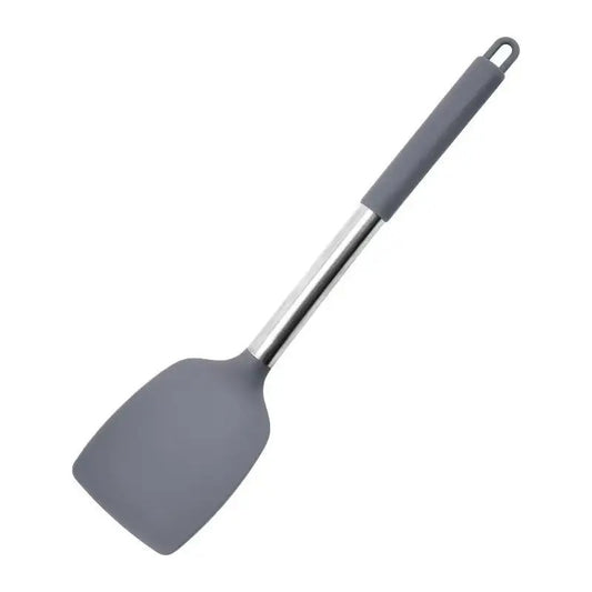 Spatule en silicone résistante à la chaleur pour poêle antiadhésive avec manche en acier inoxydable.