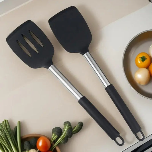 Jeu de spatule en silicone résistante à la chaleur pour poêle antiadhésive avec poignée en acier inoxydable