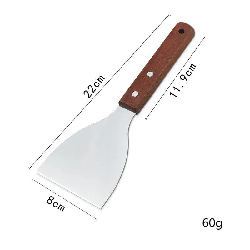 Spatule inox avec manche en bois de 22 cm, idéale pour la cuisine et les grillades.