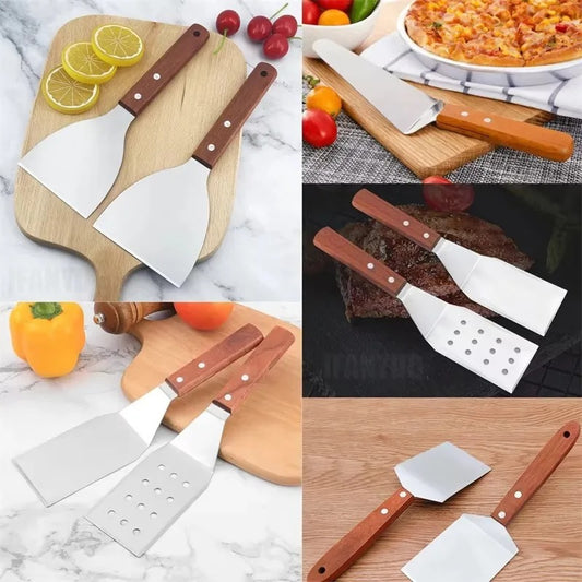 Spatule inox avec manche en bois, ensemble de quatre ustensiles de cuisine pour la cuisson et le service