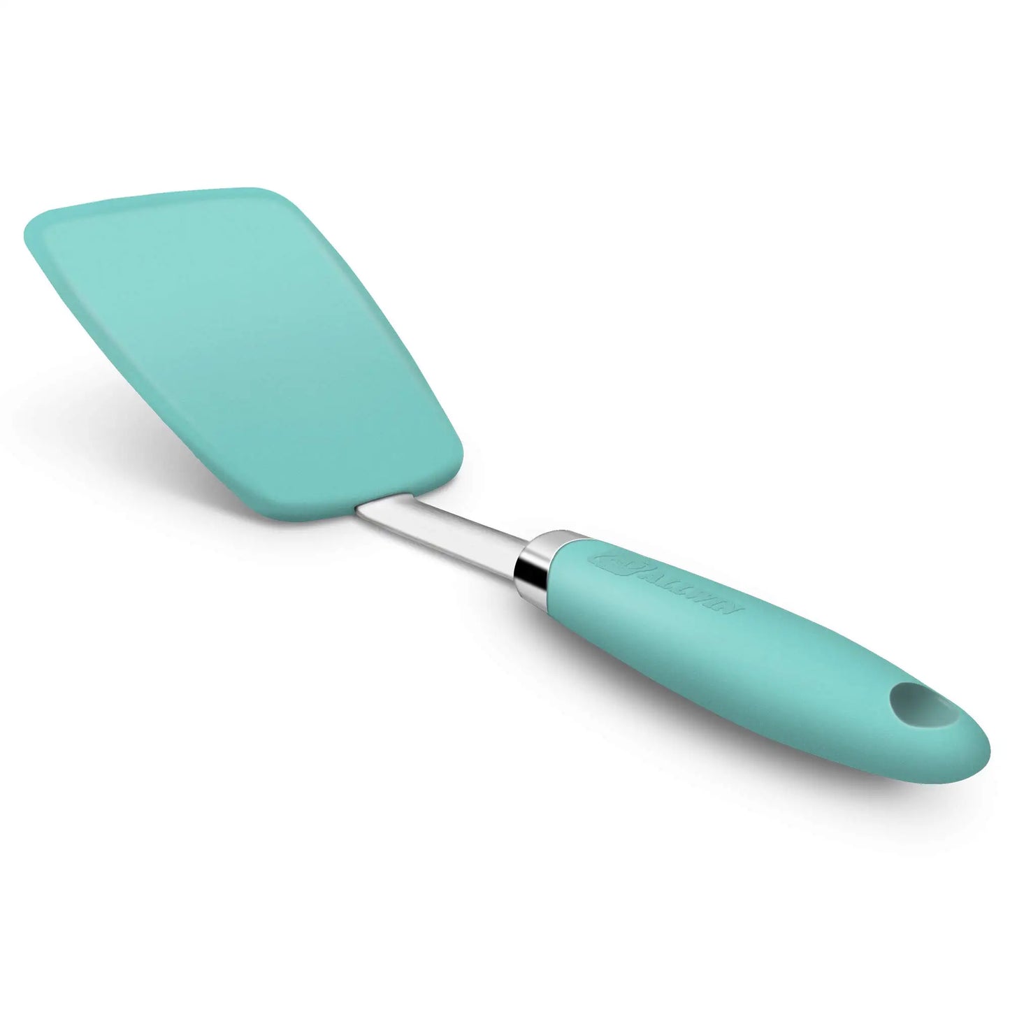 Spatule plate en silicone résistante 260°C en couleur turquoise avec un design ergonomique