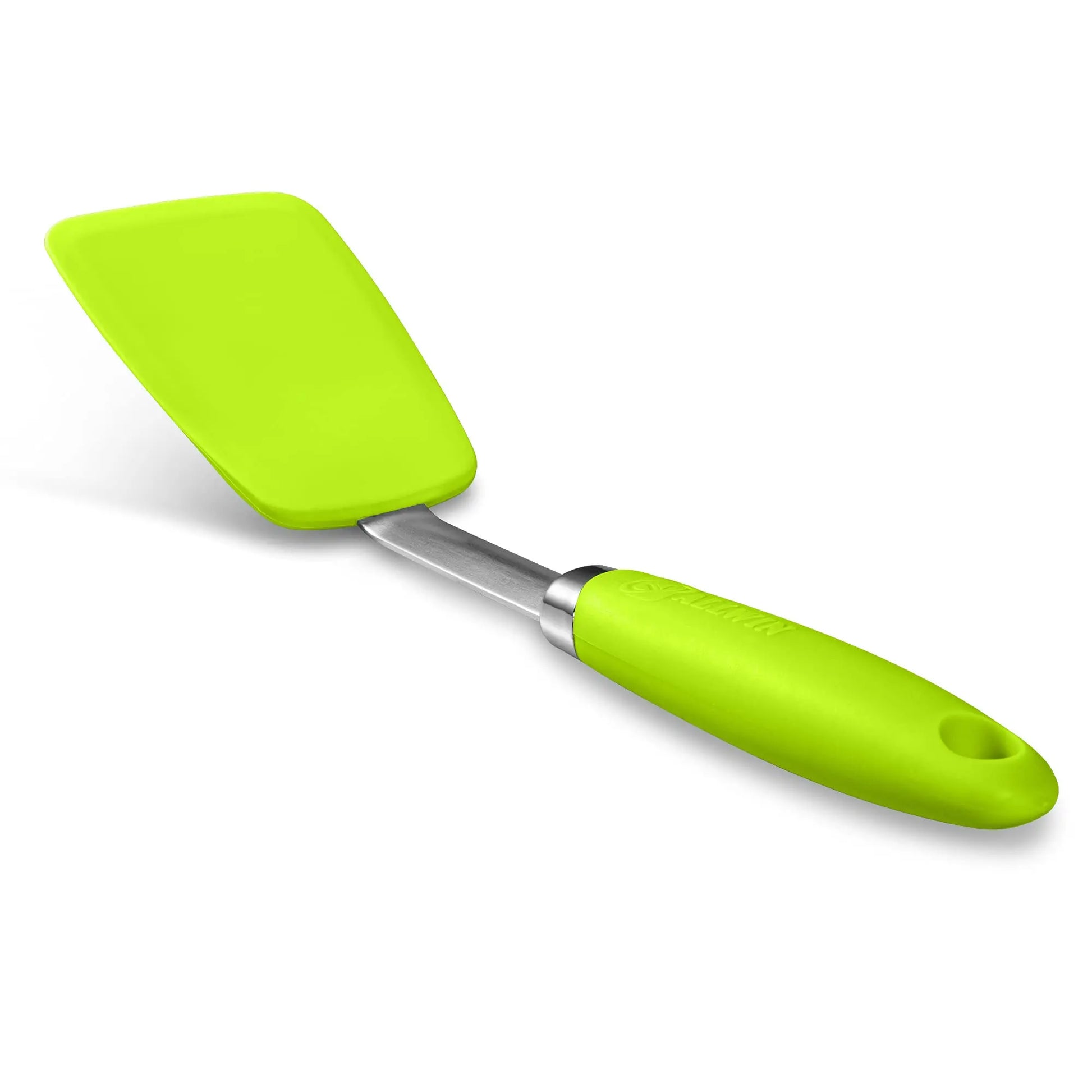Spatule plate en silicone résistante 260°C avec un manche vert ergonomique pour un usage facile en cuisine