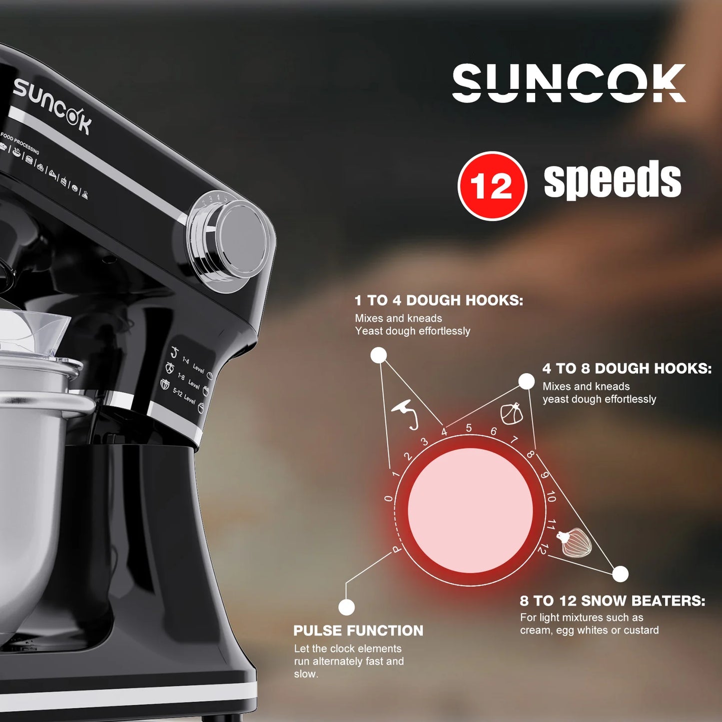 Robot pâtissier Suncok double bol inox à 12 vitesses pour mélanger et pétrir facilement la pâte