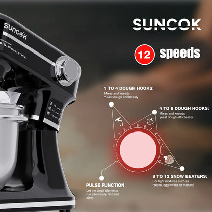 Robot pâtissier Suncok double bol inox à 12 vitesses pour mélanger et pétrir facilement la pâte