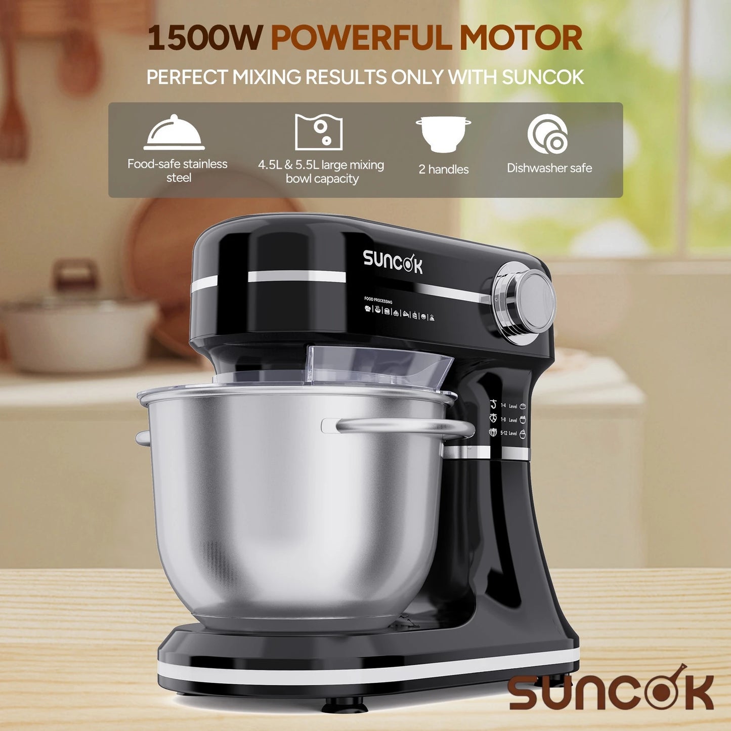 Robot pâtissier Suncok double bol inox avec moteur puissant de 1500W et capacité de 4,5 et 5,5L