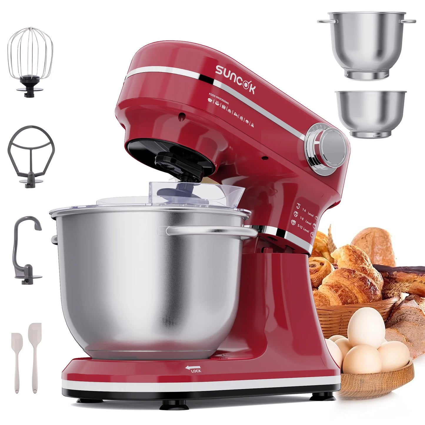 Robot pâtissier Suncok double bol inox avec accessoires pour la pâtisserie et la cuisine
