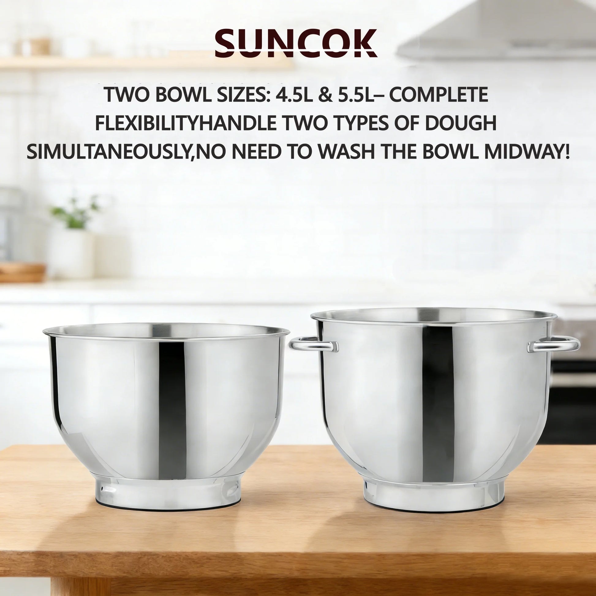 Robot pâtissier Suncok double bol inox avec deux bacs en acier de 4,5L et 5,5L pour une flexibilité optimale