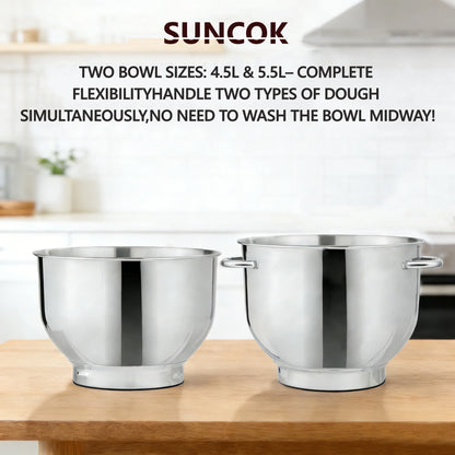 Robot pâtissier Suncok double bol inox avec deux bacs en acier de 4,5L et 5,5L pour une flexibilité optimale
