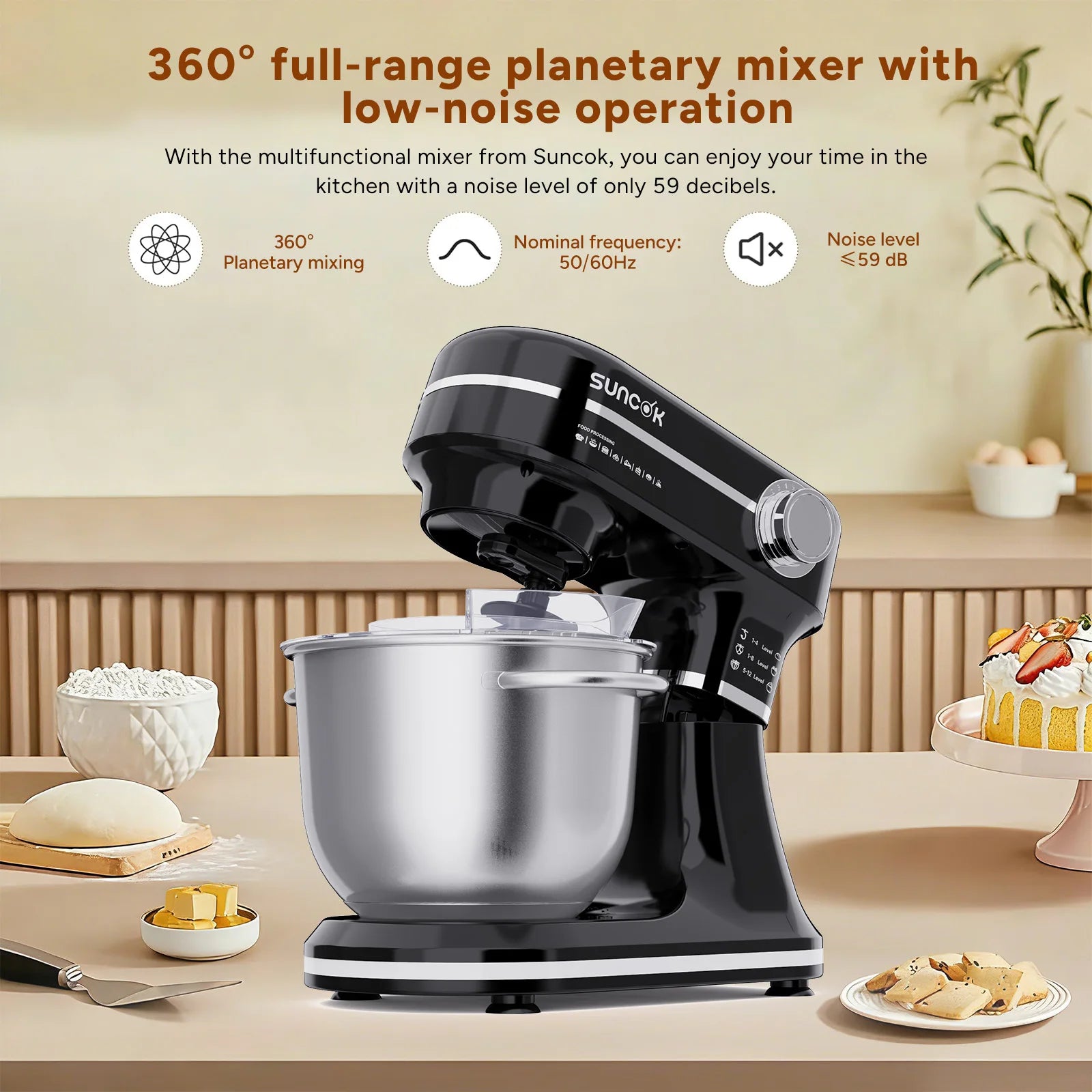 Robot pâtissier Suncok double bol inox avec fonctionnement silencieux et mélange planétaire à 360 degrés