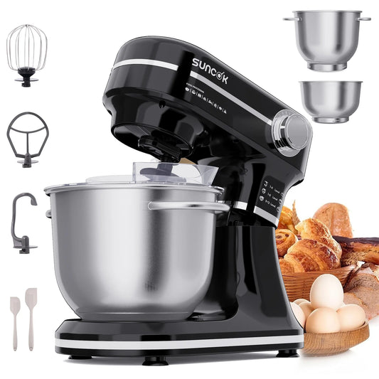 Robot pâtissier Suncok double bol inox avec accessoires et design élégant idéal pour la pâtisserie