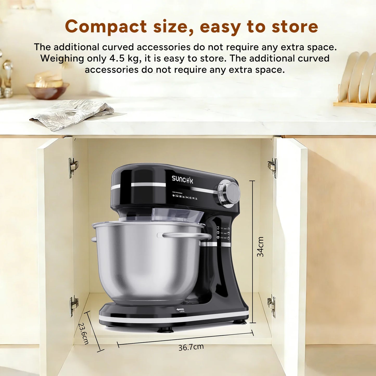 Robot pâtissier Suncok double bol inox, compact et léger, facile à ranger dans un meuble de cuisine