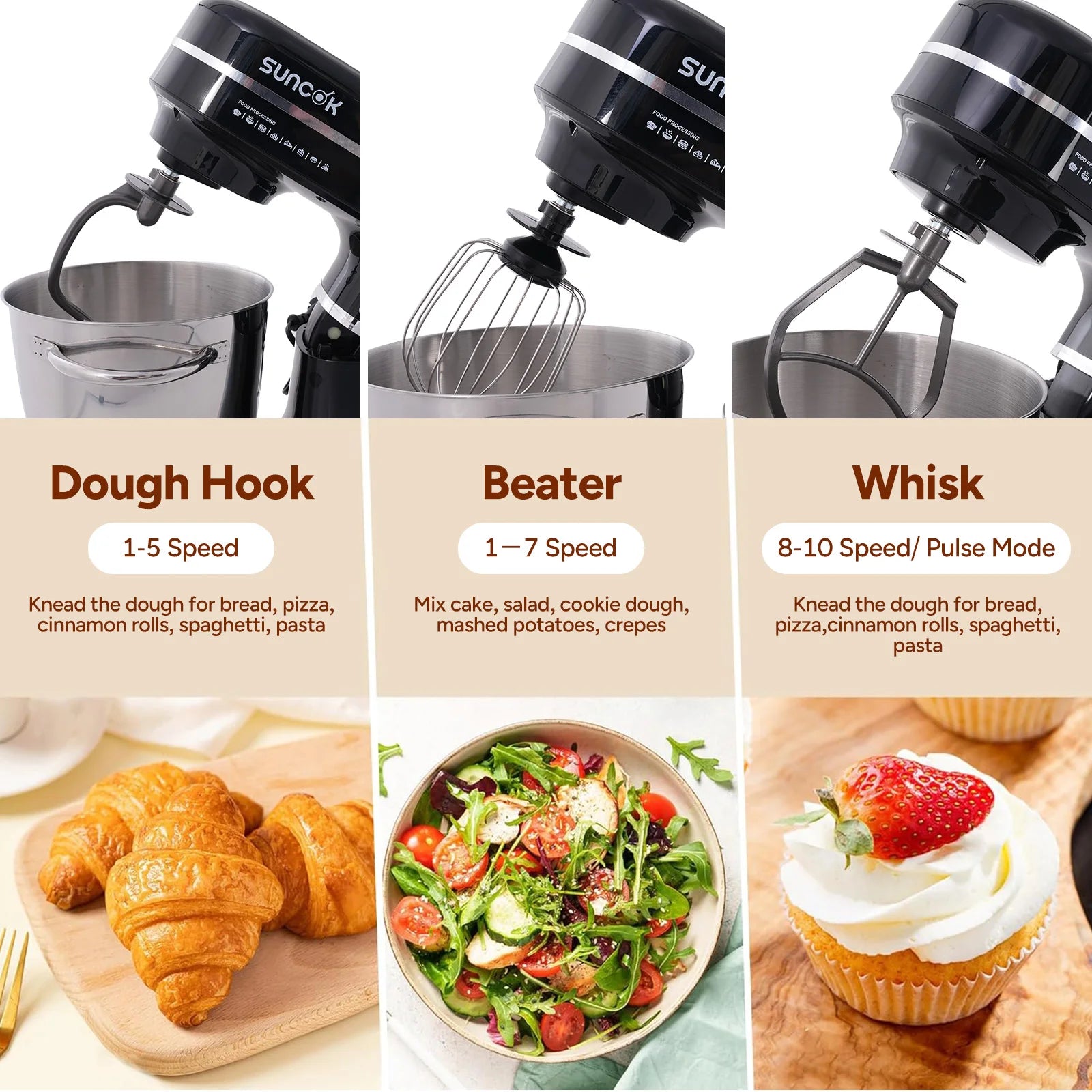Robot pâtissier Suncok double bol inox avec plusieurs accessoires pour pâtisserie, coupes et salades